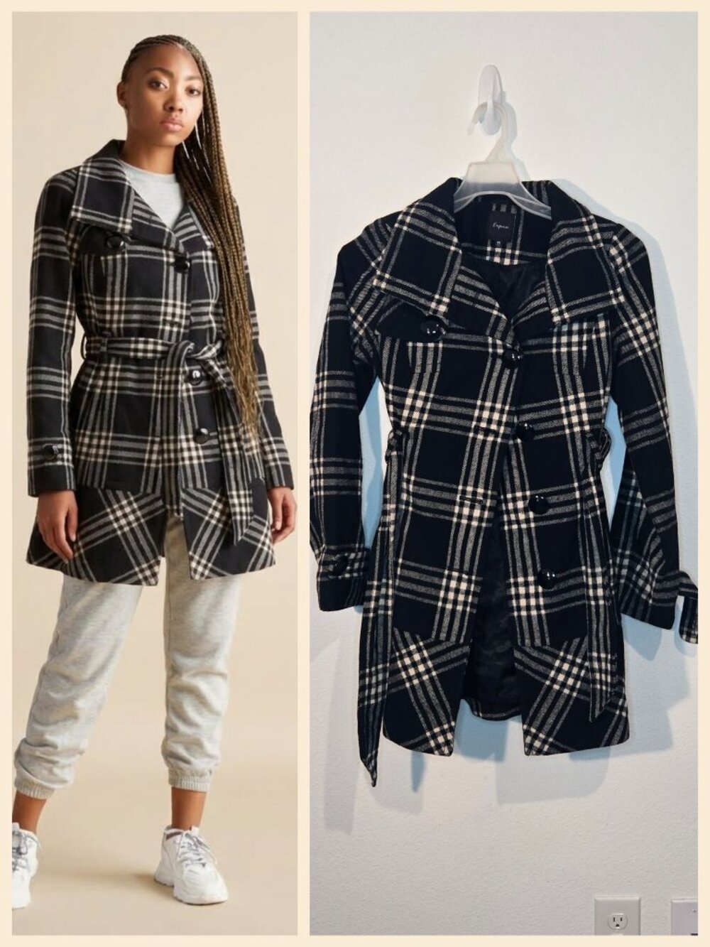 Express Pea Coat Size XS Black and White Plaid Gently Used
